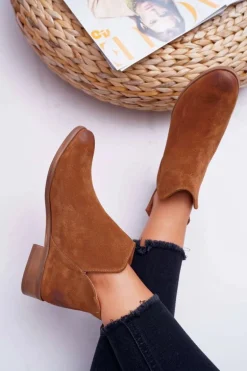 Botki Damskie Płaski Obcas Wiosenne Skórzane Brązowe Madness