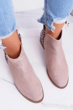 Botki Damskie Płaski Obcas Wiosenne Skórzane Beżowe Madness