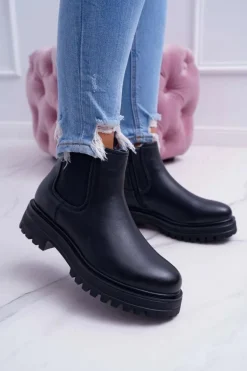 Botki Damskie Płaski Obcas Ciepłe Czarne Orion