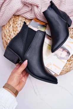 Botki Damskie Płaski Obcas W Szpic Suwak Czarne Derme