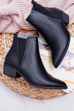 Botki Damskie Płaski Obcas W Szpic Suwak Czarne Derme