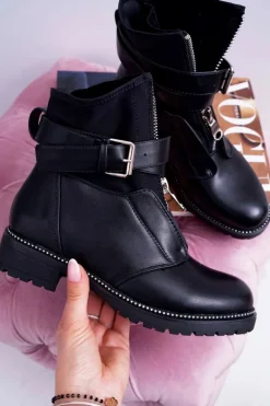 Botki Damskie Płaski Obcas Militarne Czarne Travist