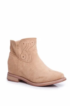 Botki Damskie Płaski Obcas Zamszowe Ażurowe Beżowe Raffe