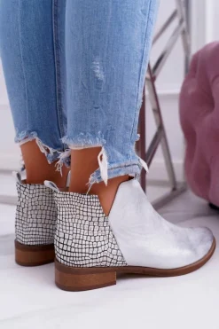 Botki Damskie Płaski Obcas Wiosenne Skórzane Srebrne Madness