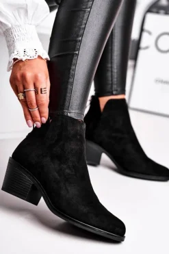 Botki Damskie Płaski Obcas Ocieplane Jesienne Czarne Milky