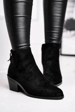 Botki Damskie Płaski Obcas Ocieplane Jesienne Czarne Milky