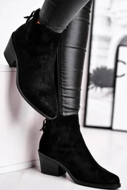 Botki Damskie Płaski Obcas Ocieplane Jesienne Czarne Milky