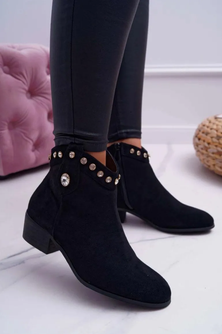 Botki Damskie Płaski Obcas Kowbojki Z Cyrkoniami Czarne Patti