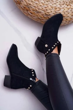 Botki Damskie Płaski Obcas Kowbojki Z Cyrkoniami Czarne Patti