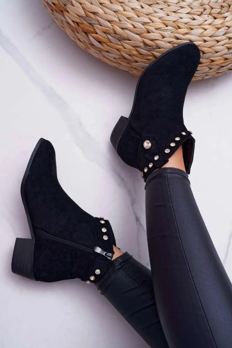 Botki Damskie Płaski Obcas Kowbojki Z Cyrkoniami Czarne Patti