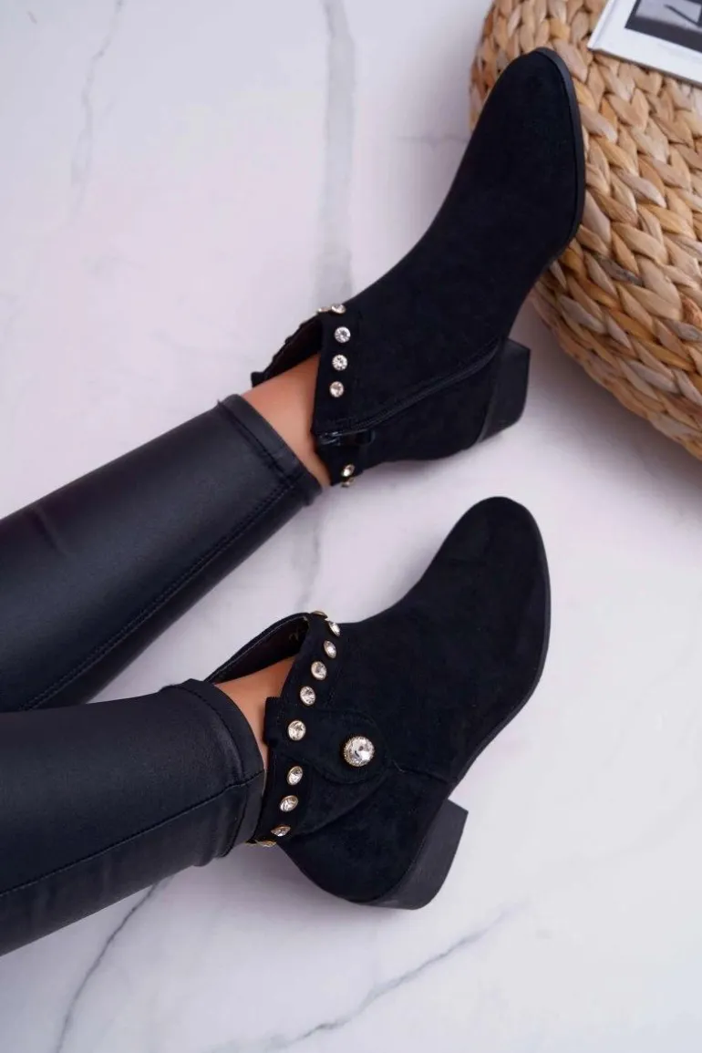 Botki Damskie Płaski Obcas Kowbojki Z Cyrkoniami Czarne Patti