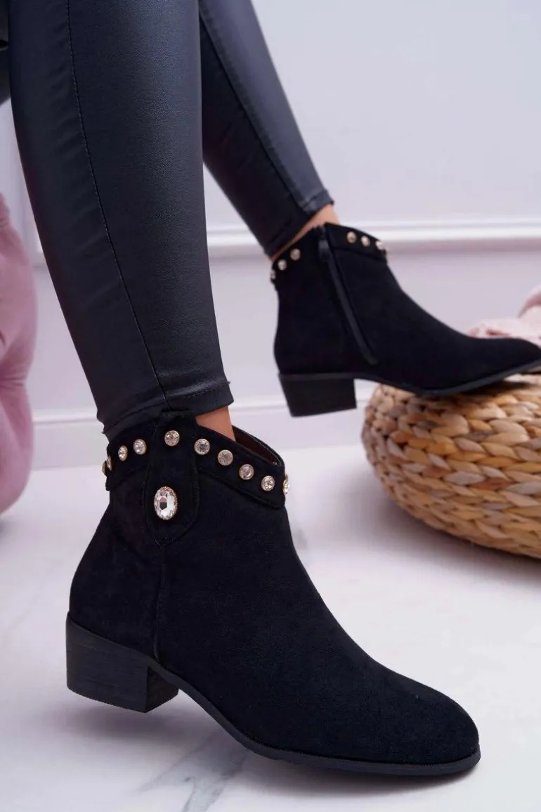 Botki Damskie Płaski Obcas Kowbojki Z Cyrkoniami Czarne Patti