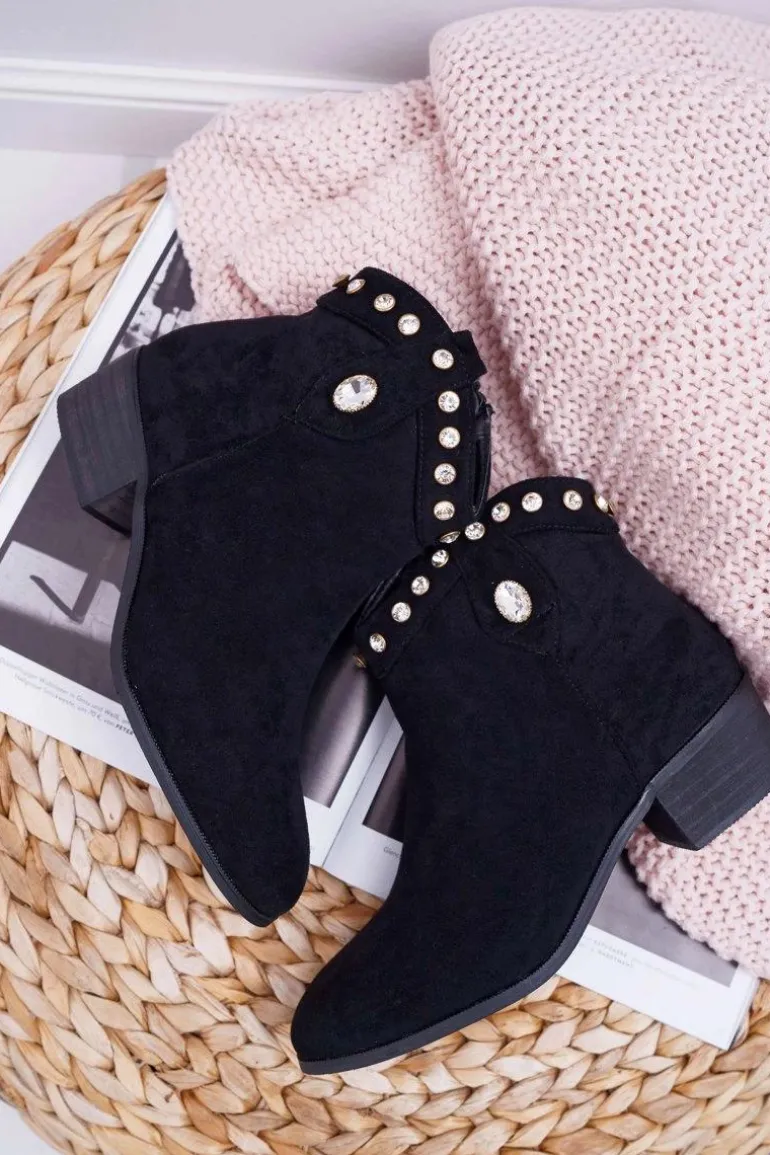 Botki Damskie Płaski Obcas Kowbojki Z Cyrkoniami Czarne Patti