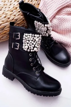 Botki Damskie Płaski Obcas Militarne Czarne Bemmer