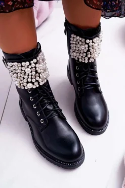 Botki Damskie Płaski Obcas Militarne Czarne Bemmer