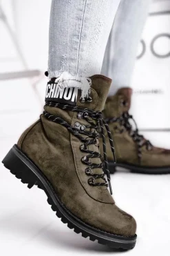 Botki Damskie Płaski Obcas Na Suwak Zielone Popsi