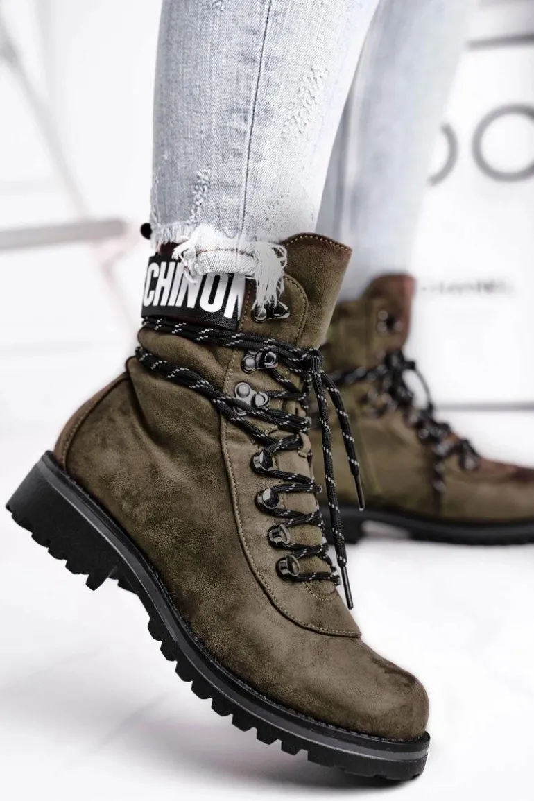 Botki Damskie Płaski Obcas Na Suwak Zielone Popsi