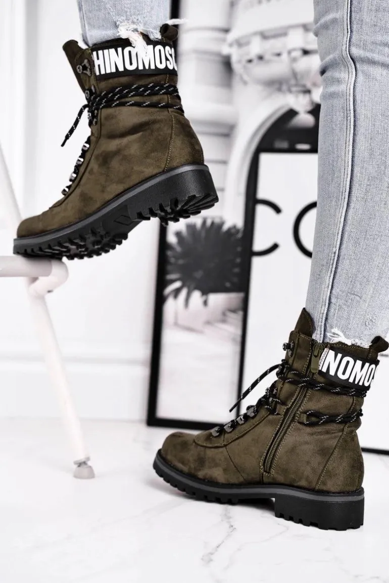 Botki Damskie Płaski Obcas Na Suwak Zielone Popsi