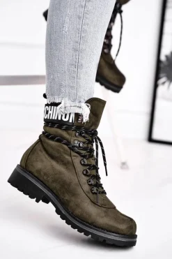 Botki Damskie Płaski Obcas Na Suwak Zielone Popsi