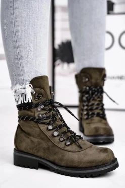 Botki Damskie Płaski Obcas Na Suwak Zielone Popsi