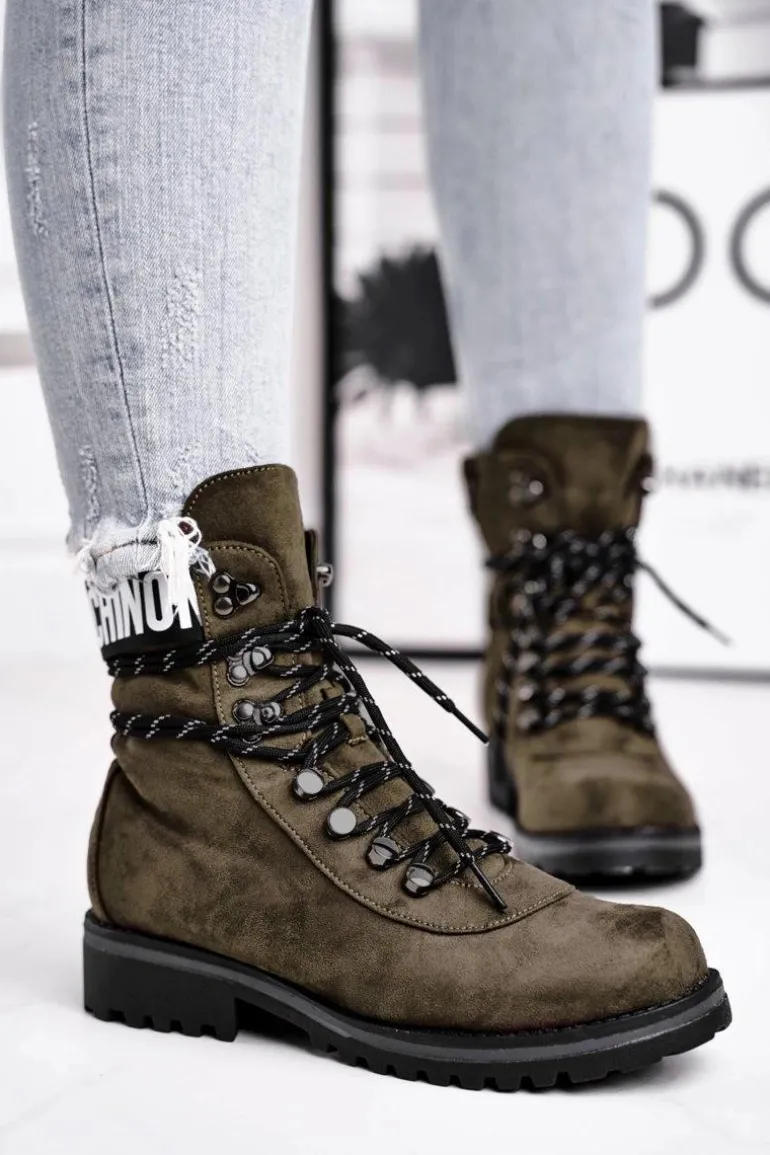 Botki Damskie Płaski Obcas Na Suwak Zielone Popsi