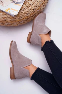 Botki Damskie Płaski Obcas Wiosenne Skórzane Cappuccino Madness