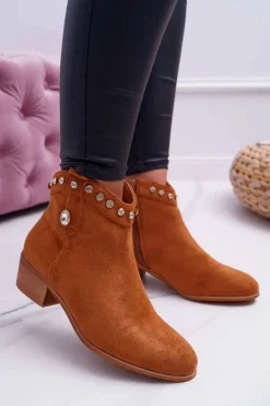 Botki Damskie Płaski Obcas Kowbojki Z Cyrkoniami Camel Patti