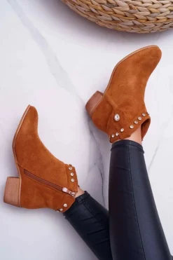 Botki Damskie Płaski Obcas Kowbojki Z Cyrkoniami Camel Patti