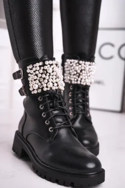 Botki Damskie Płaski Obcas Militarne Czarne Bemmer