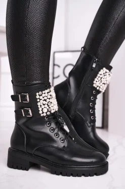 Botki Damskie Płaski Obcas Militarne Czarne Bemmer