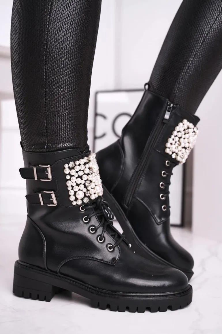 Botki Damskie Płaski Obcas Militarne Czarne Bemmer