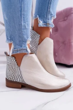 Botki Damskie Płaski Obcas Wiosenne Skórzane Przecierane Złoto Madness