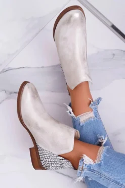 Botki Damskie Płaski Obcas Wiosenne Skórzane Przecierane Złoto Madness