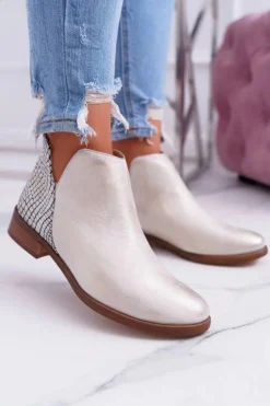 Botki Damskie Płaski Obcas Wiosenne Skórzane Przecierane Złoto Madness