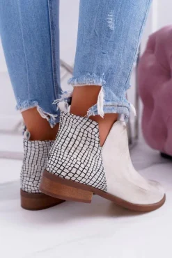 Botki Damskie Płaski Obcas Wiosenne Skórzane Przecierane Złoto Madness