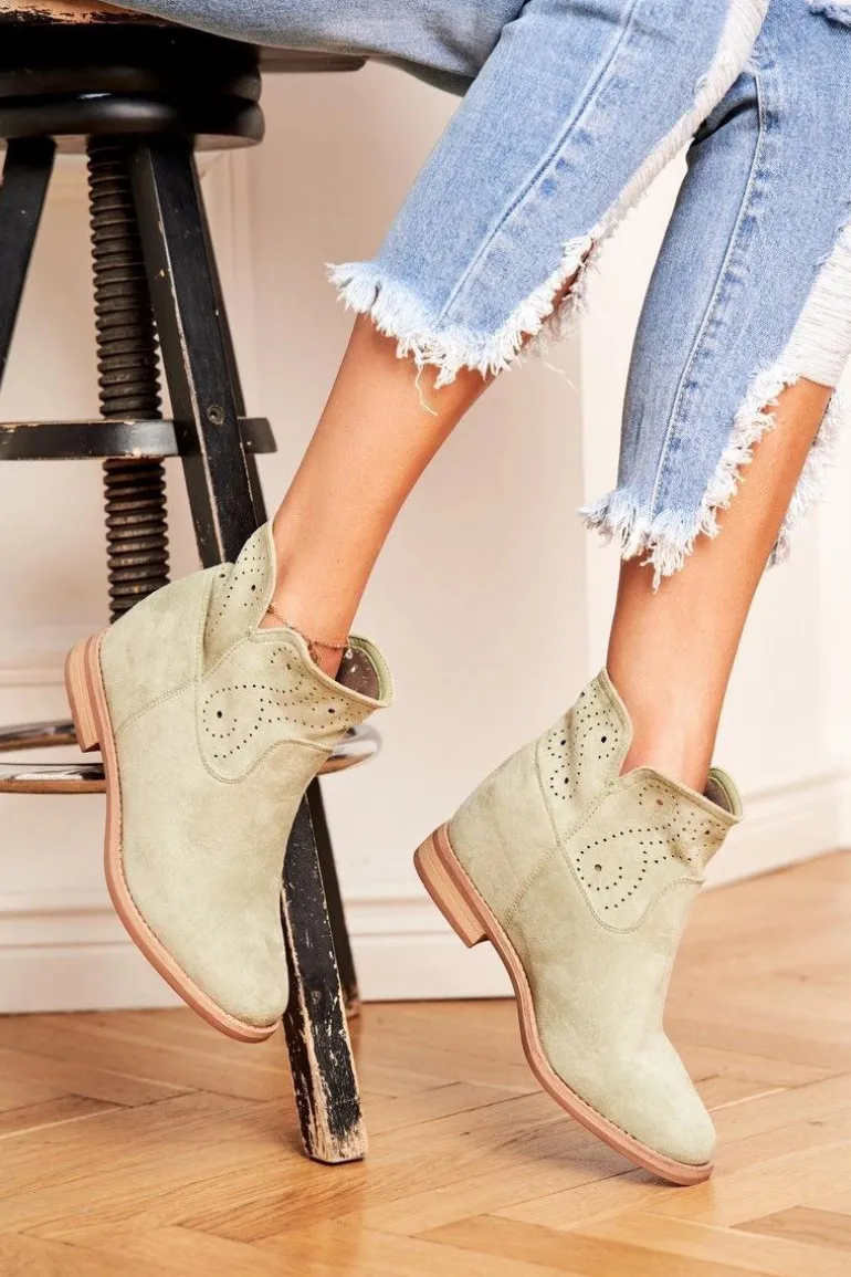 Botki Damskie Płaski Obcas Zamszowe Ażurowe Zielone Raffe