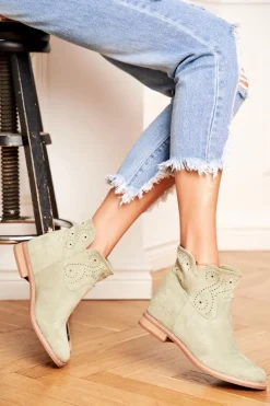 Botki Damskie Płaski Obcas Zamszowe Ażurowe Zielone Raffe