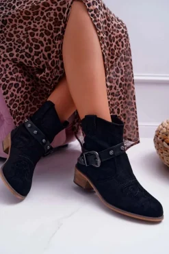 Botki Damskie Płaski Obcas Kowbojki z Klamrą Czarne Ewella