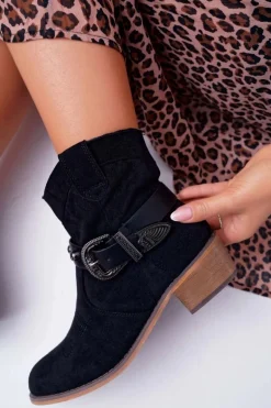 Botki Damskie Płaski Obcas Kowbojki z Klamrą Czarne Ewella