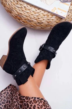 Botki Damskie Płaski Obcas Kowbojki z Klamrą Czarne Ewella