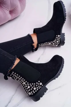 Botki Damskie Płaski Obcas Dżety Ćwieki Czarne Binary