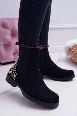 Botki Damskie Płaski Obcas Dżety Ćwieki Czarne Binary