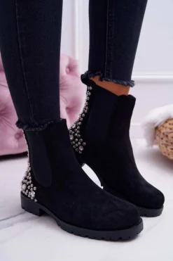 Botki Damskie Płaski Obcas Dżety Ćwieki Czarne Binary
