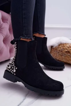 Botki Damskie Płaski Obcas Dżety Ćwieki Czarne Binary