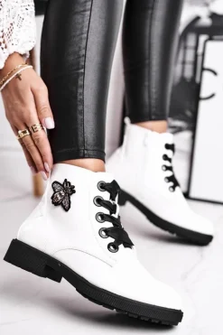 Botki Damskie Płaski Obcas Glany Lakierowane Białe Sergio Leone BT530