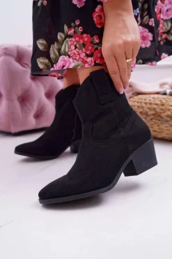 Botki Damskie Płaski Obcas Kowbojki Czarne Telifa