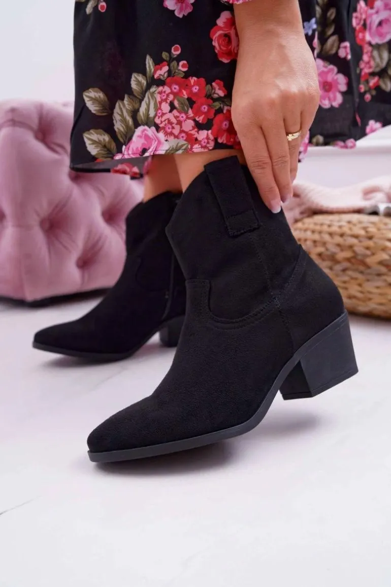 Botki Damskie Płaski Obcas Kowbojki Czarne Telifa