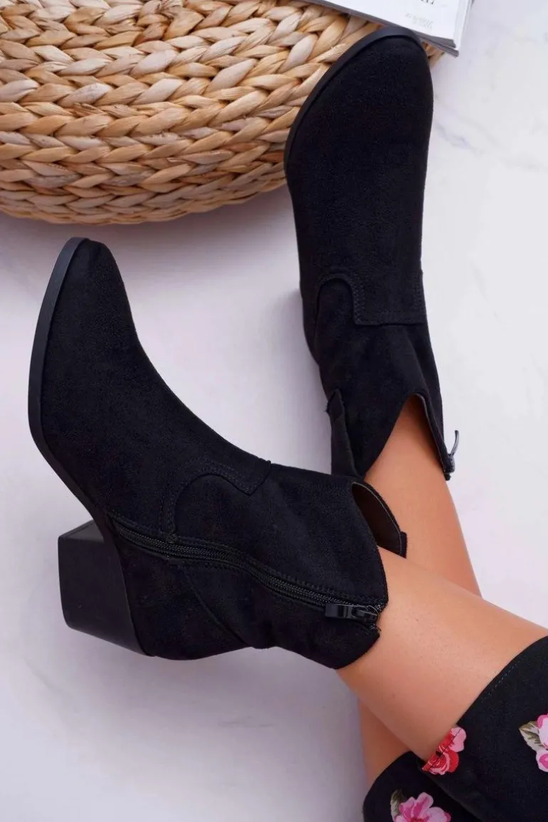 Botki Damskie Płaski Obcas Kowbojki Czarne Telifa