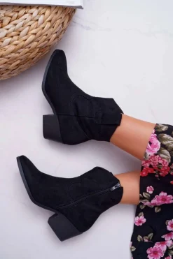 Botki Damskie Płaski Obcas Kowbojki Czarne Telifa