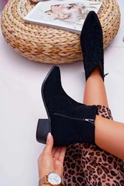 Botki Damskie Płaski Obcas Czarne Umberco